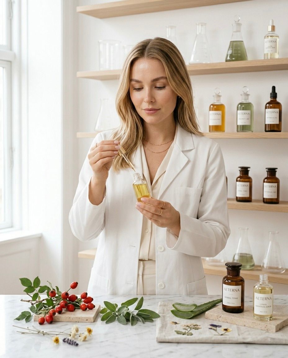 Sinamedic laboratory — scientist surrounded by botanical extracts and clean lab equipment, merging nature and science