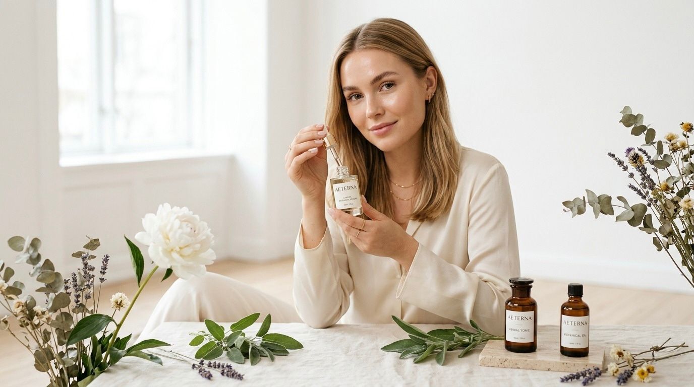 Sinamedic — Luxury Organic Skincare — Beautiful woman with glowing skin surrounded by botanical ingredients in a bright, serene studio